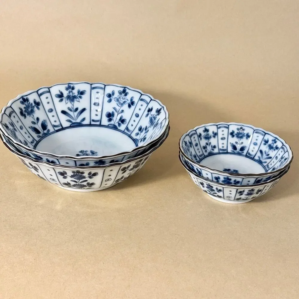 Japanese Tachikichi Blue White Mino Ware Porcelain Bowl Set, 2 Medium + 2 Small